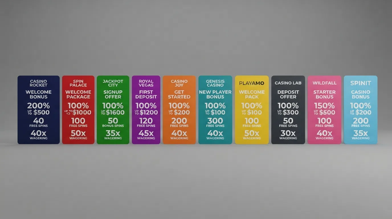 A row of casino welcome bonus offer cards displaying different free-spin totals, match percentages and wagering conditions side by side