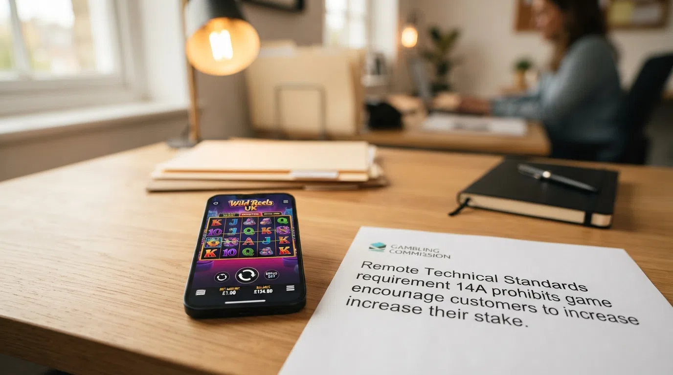 A smartphone displaying a UK-licensed slot game interface with the bonus buy button visibly absent from the control bar, beside a Gambling Commission regulatory notice excerpt
