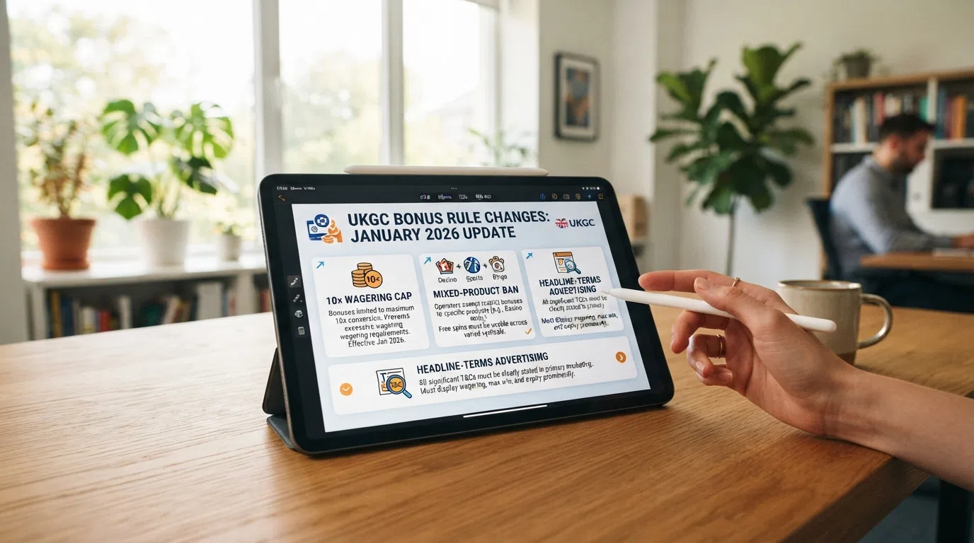 A summary of the three key UKGC bonus rule changes introduced in January 2026 — the 10× wagering cap, the mixed-product ban and the headline-terms advertising requirement
