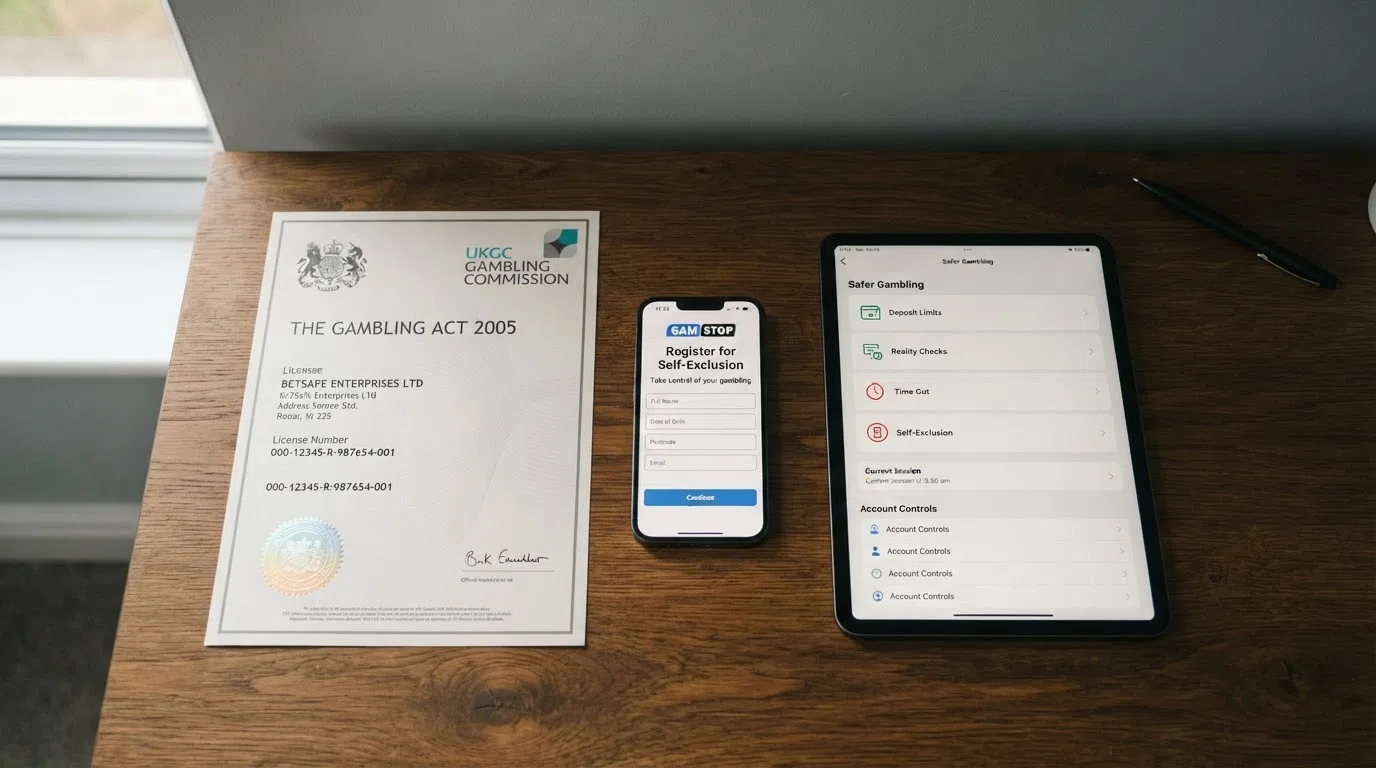 A UK Gambling Commission licence certificate beside a smartphone displaying GamStop registration and a casino safer-gambling tools menu