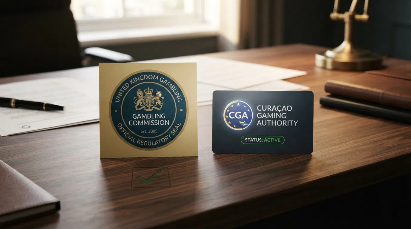 The UKGC lion-and-crown logo beside the Curaçao Gaming Authority colour-coded digital seal, with a green tick on the UKGC side