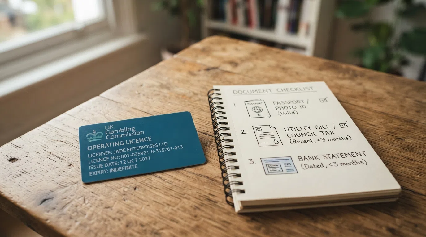 A Gambling Commission licence badge beside a document checklist showing a passport, a utility bill and a bank statement