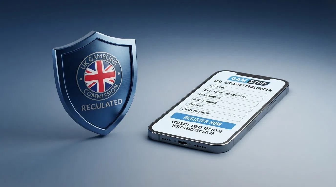 A split-screen composition: the UKGC logo on the left beside a smartphone showing the GAMSTOP registration form on the right