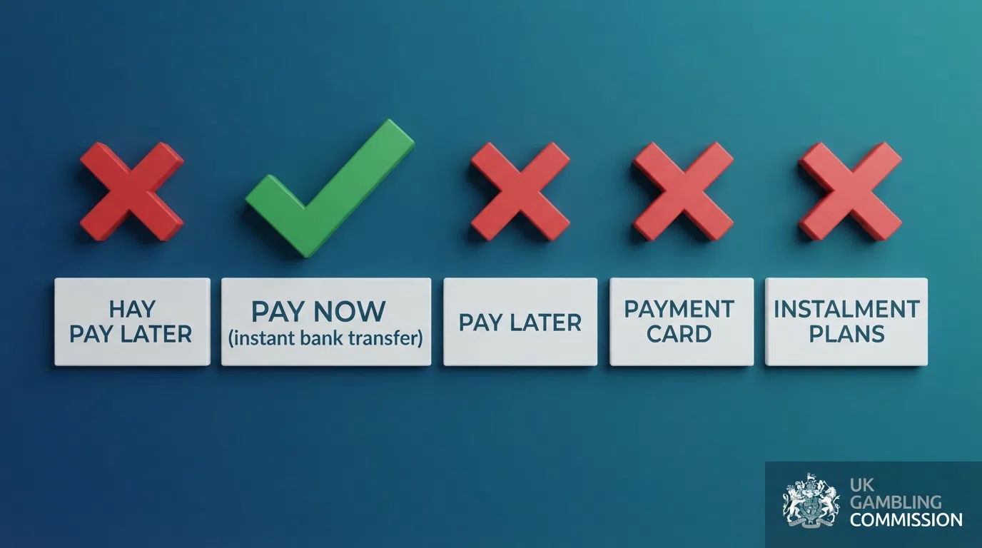 A simplified visual showing which Klarna products reach a UK casino cashier (Pay Now: green tick) and which are blocked (Pay Later, Card, Pay in 3: red cross), with the Gambling Commission logo
