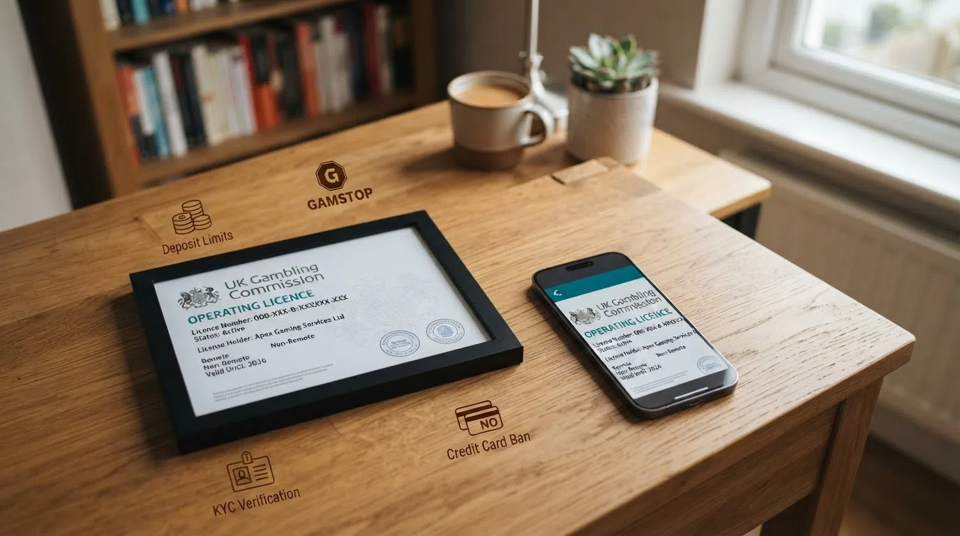 A UK Gambling Commission licence certificate alongside icons representing the key player protections: deposit limits, GAMSTOP, KYC verification and the credit card ban
