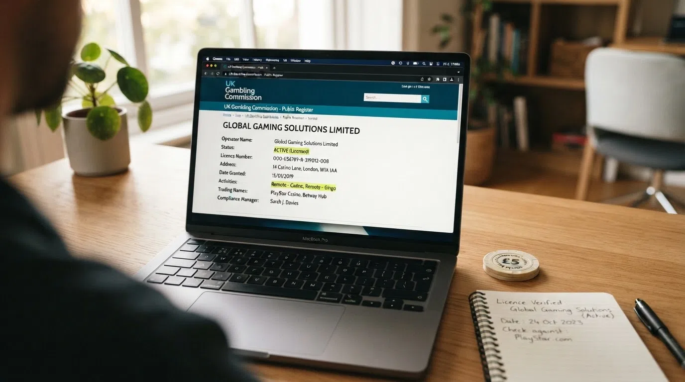 A screenshot of the UK Gambling Commission public register search result for a casino operator, with the licence status, account number and activity fields highlighted