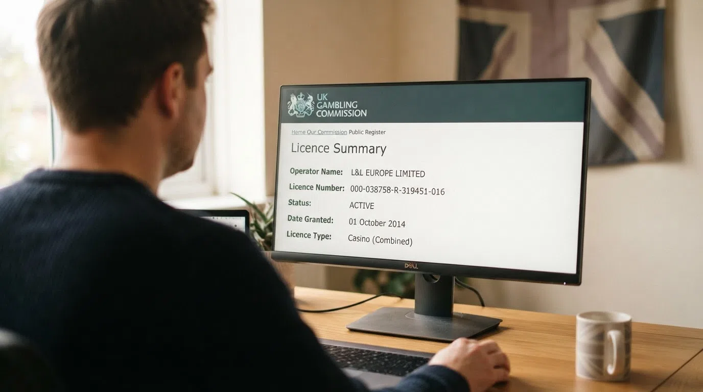 A close-up of a UK Gambling Commission public-register search result showing an active casino licence entry, with the operator name and licence number clearly legible, overlaid on a muted Union Jack