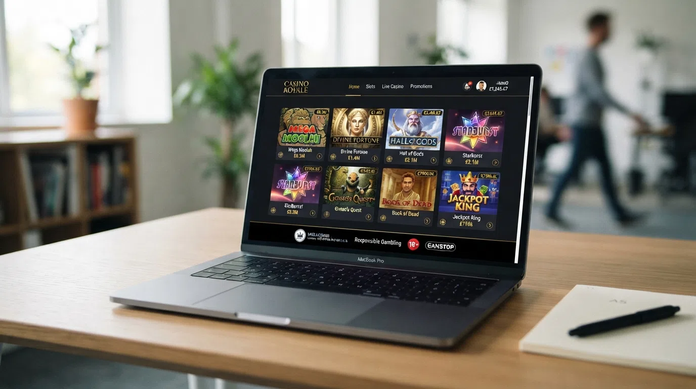 A casino lobby screen with several progressive jackpot slot thumbnails and a licence badge in the footer