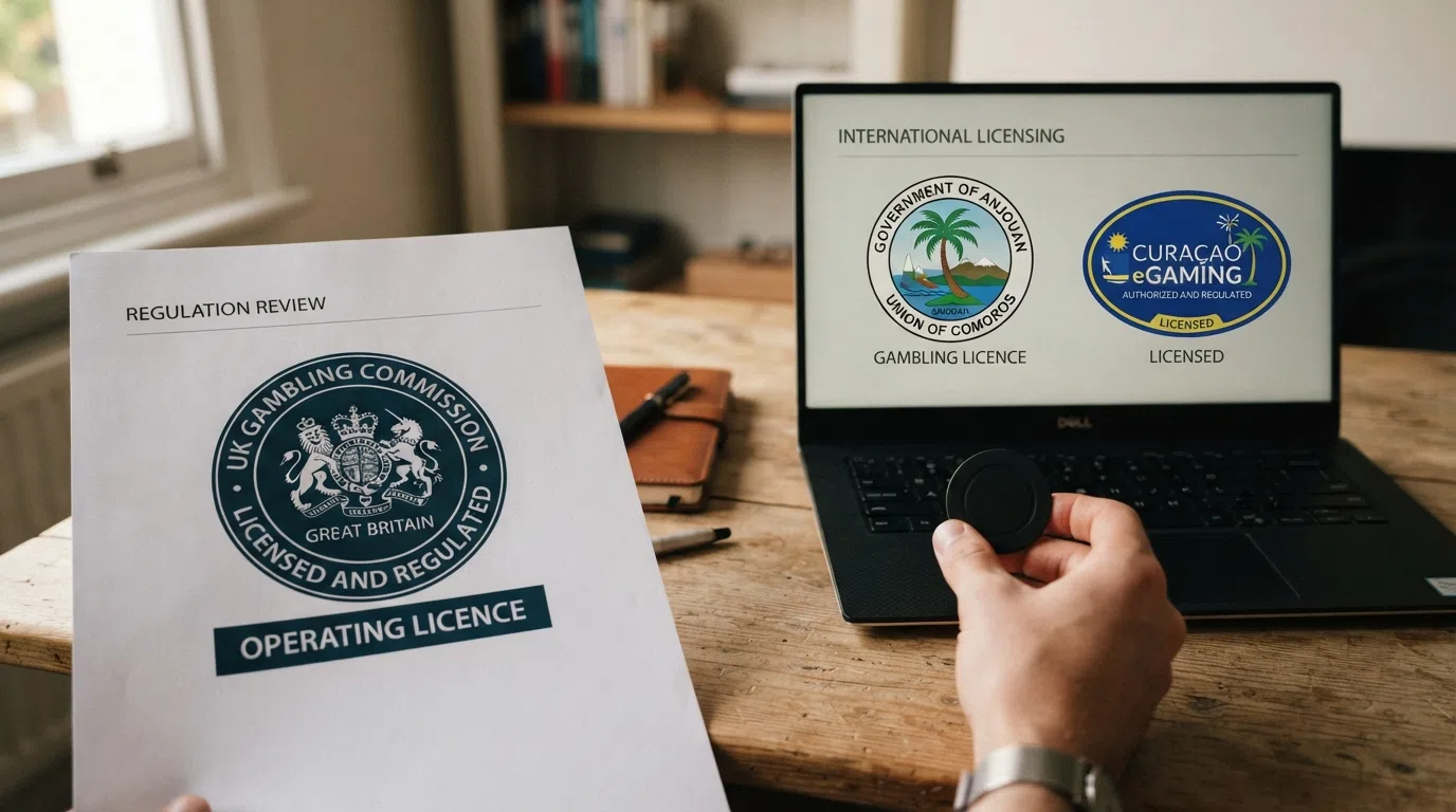 Split visual showing a UK Gambling Commission seal on one side and offshore licensing authority symbols for Anjouan and Curaçao on the other