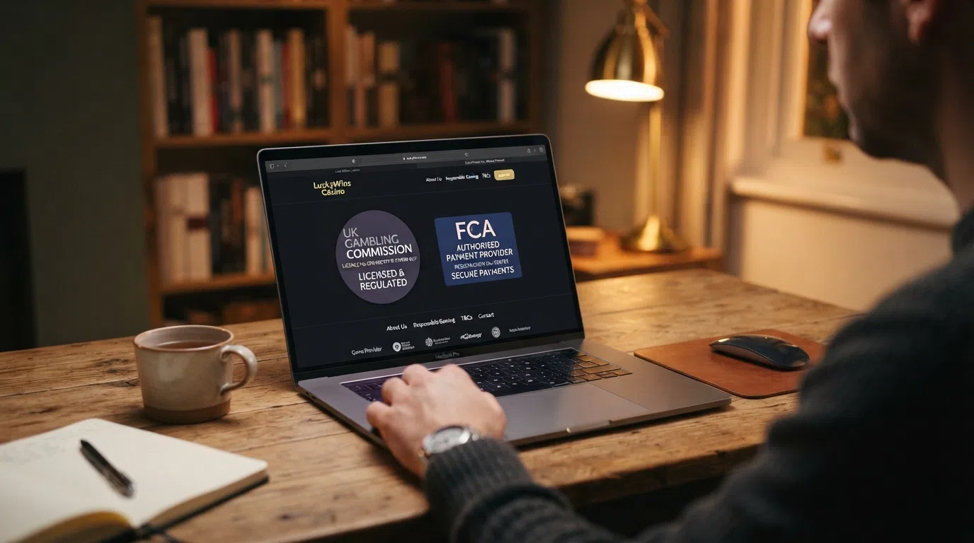 A UK Gambling Commission licence badge next to an FCA-authorised payment provider notice on a casino footer
