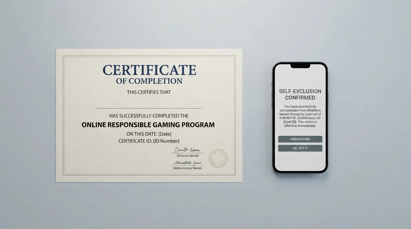 A UK Gambling Commission licence certificate beside a smartphone displaying the GAMSTOP self-exclusion confirmation screen