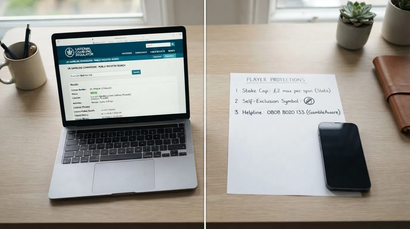 A split visual: one side showing the UKGC public register search interface with a licence record visible, the other side listing the key player protections (stake cap, GamStop logo, helpline number)