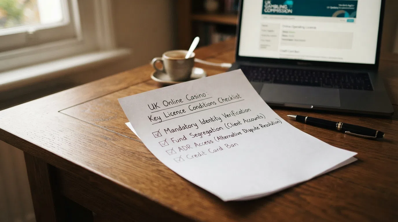 The UK Gambling Commission logo beside a checklist of the key licence conditions that protect eCheck depositors — mandatory identity verification, fund segregation, ADR access and the credit card ban