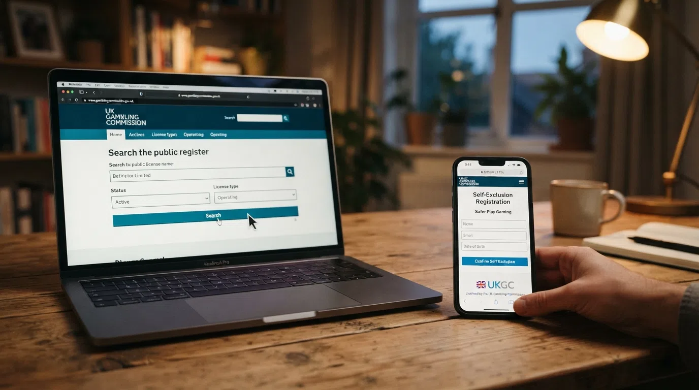 A split composition — the UKGC logo and public-register search bar on one side, a smartphone showing the GAMSTOP registration screen on the other