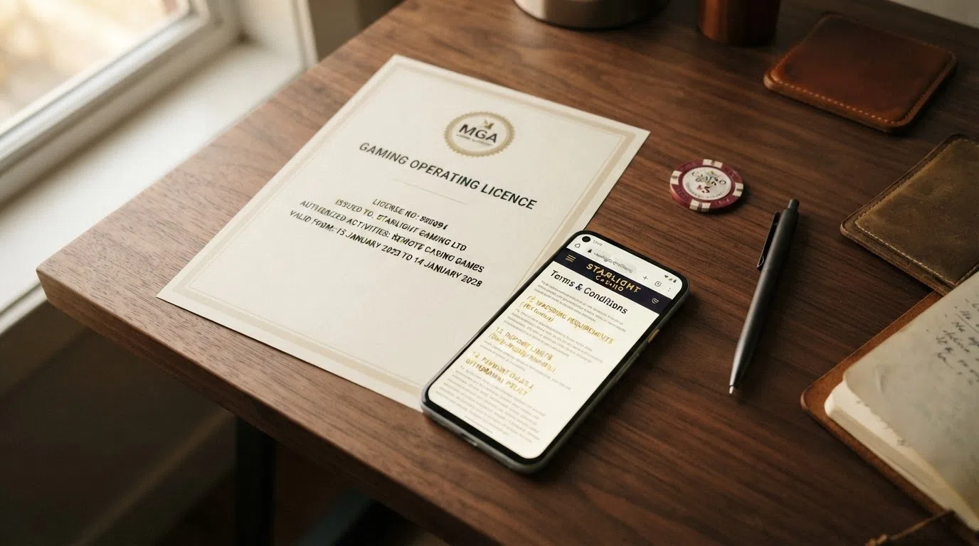 A close-up of a UK Gambling Commission licence certificate beside a smartphone displaying a casino terms-and-conditions page with highlighted wagering and deposit-limit clauses