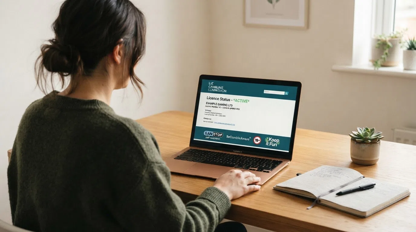 A UK Gambling Commission licence certificate displayed on a casino website, alongside safer-gambling logos for GAMSTOP, GamCare and BeGambleAware