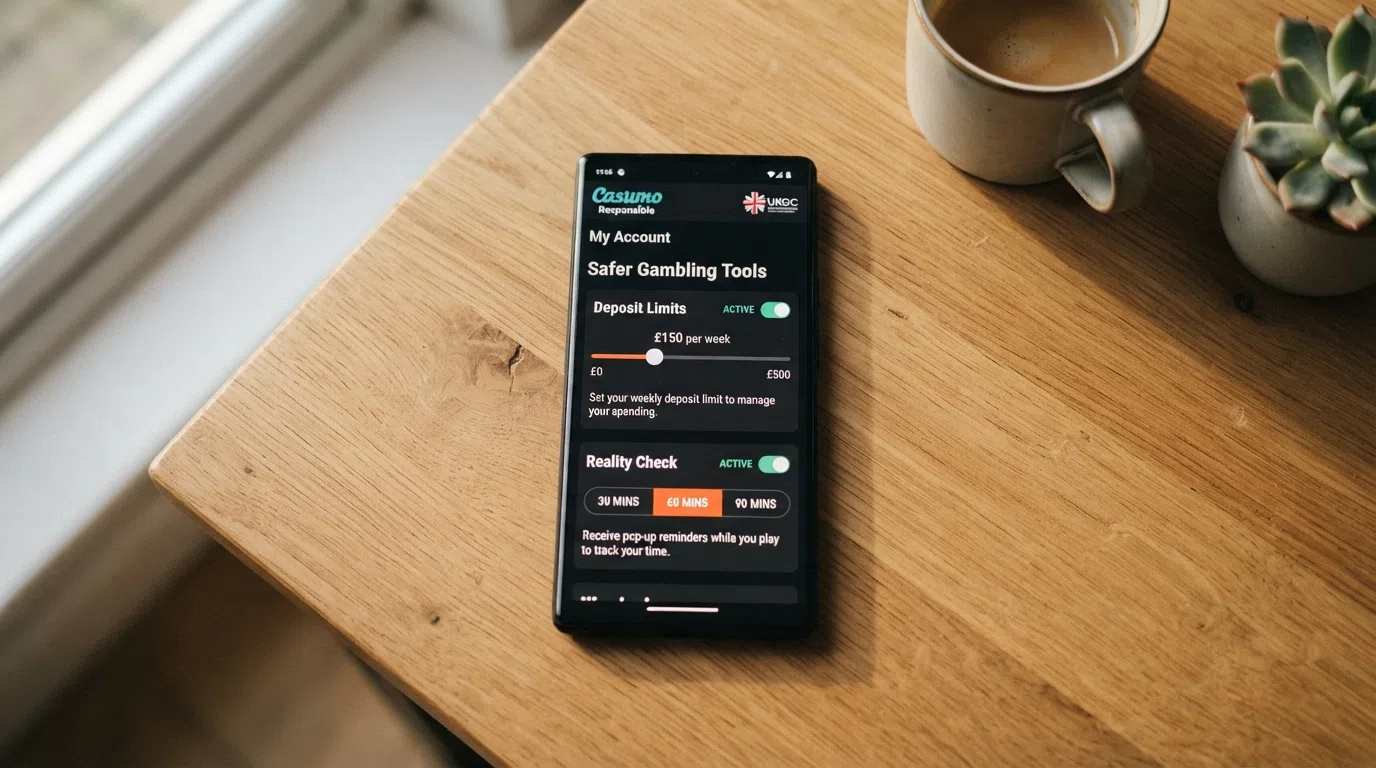 A UKGC-licensed casino's responsible-gambling interface on a smartphone, showing deposit-limit and reality-check settings