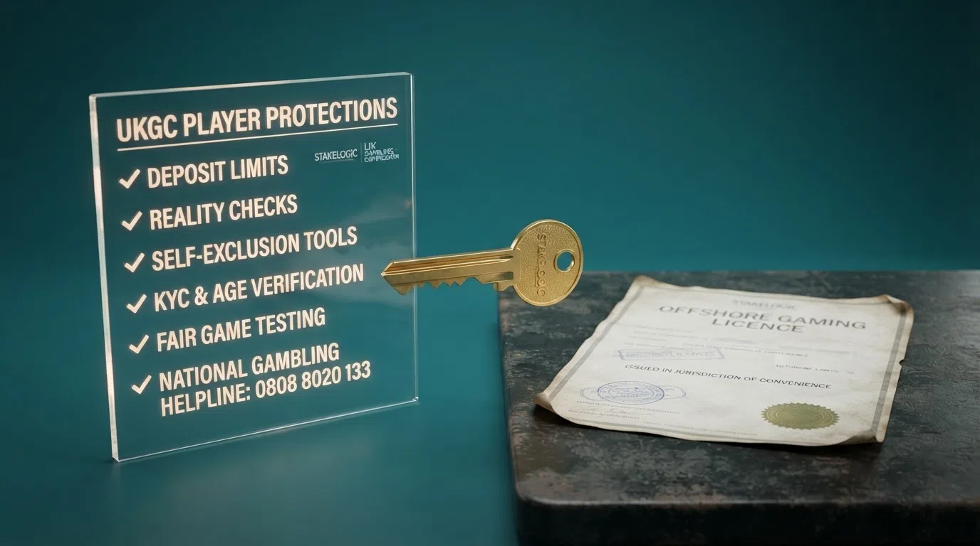 A split-frame comparison: a UKGC licence badge and GAMSTOP logo on one side, a generic offshore licence seal on the other, with a lock icon connecting the UK side to a player-safety checklist