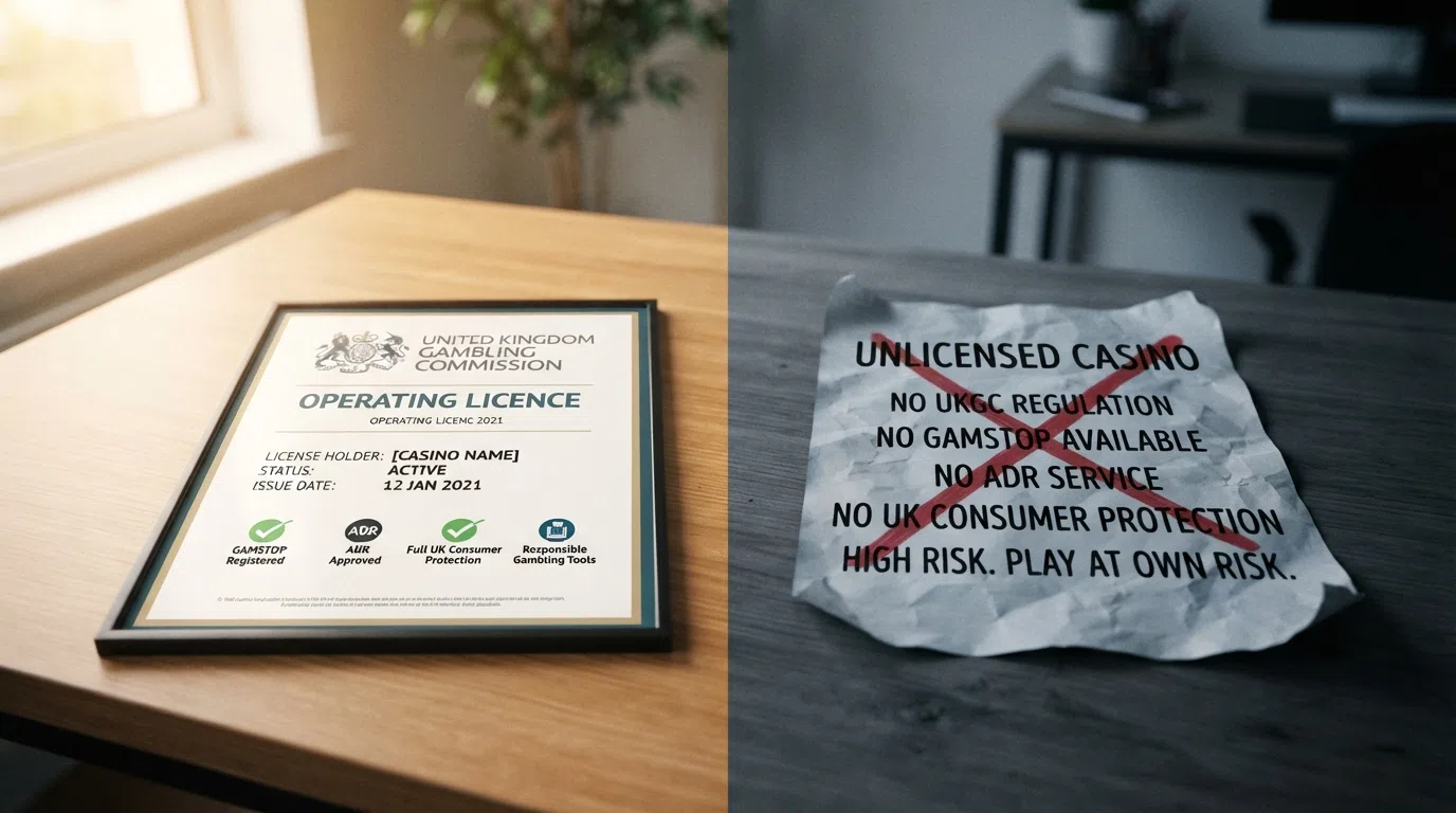 A split-screen visual: the left side shows a UKGC licence certificate with a green tick and the protections it guarantees listed below; the right side shows a faded document with a red cross and the protections that disappear at an unlicensed casino