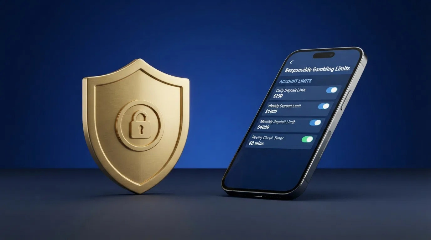 The UK Gambling Commission official logo beside a shield icon and a smartphone displaying a responsible-gambling settings menu with deposit-limit options