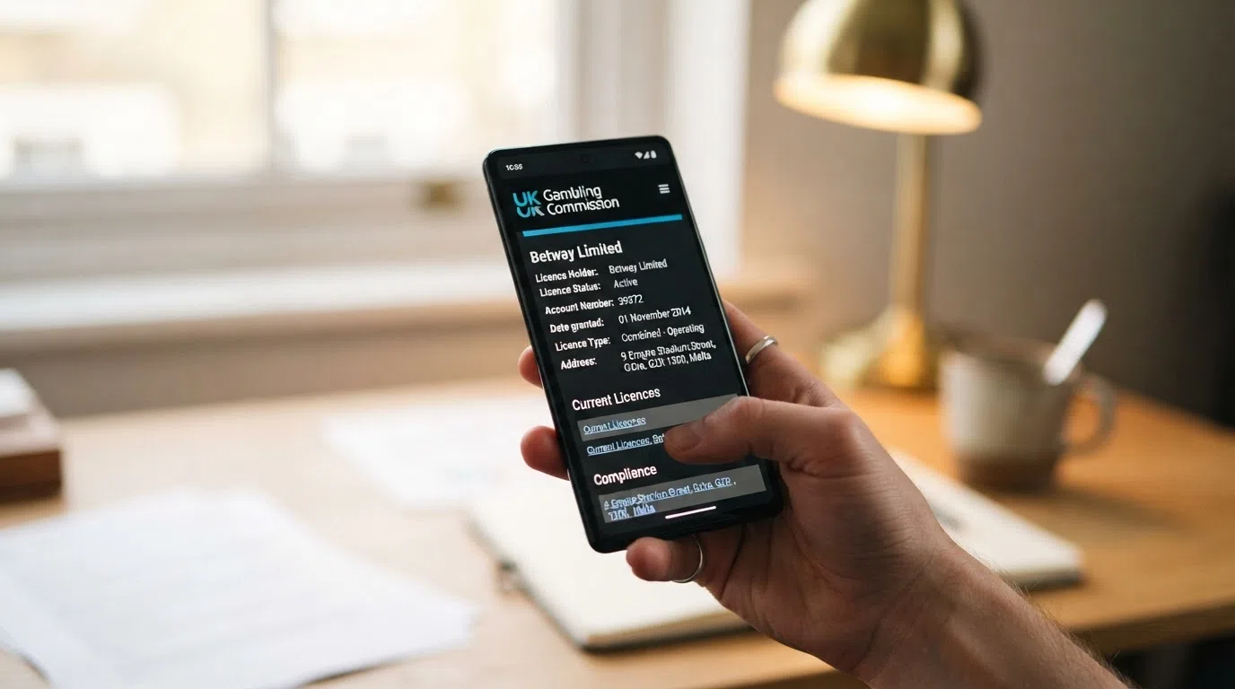 A close-up of a UK Gambling Commission licence register entry on a phone screen