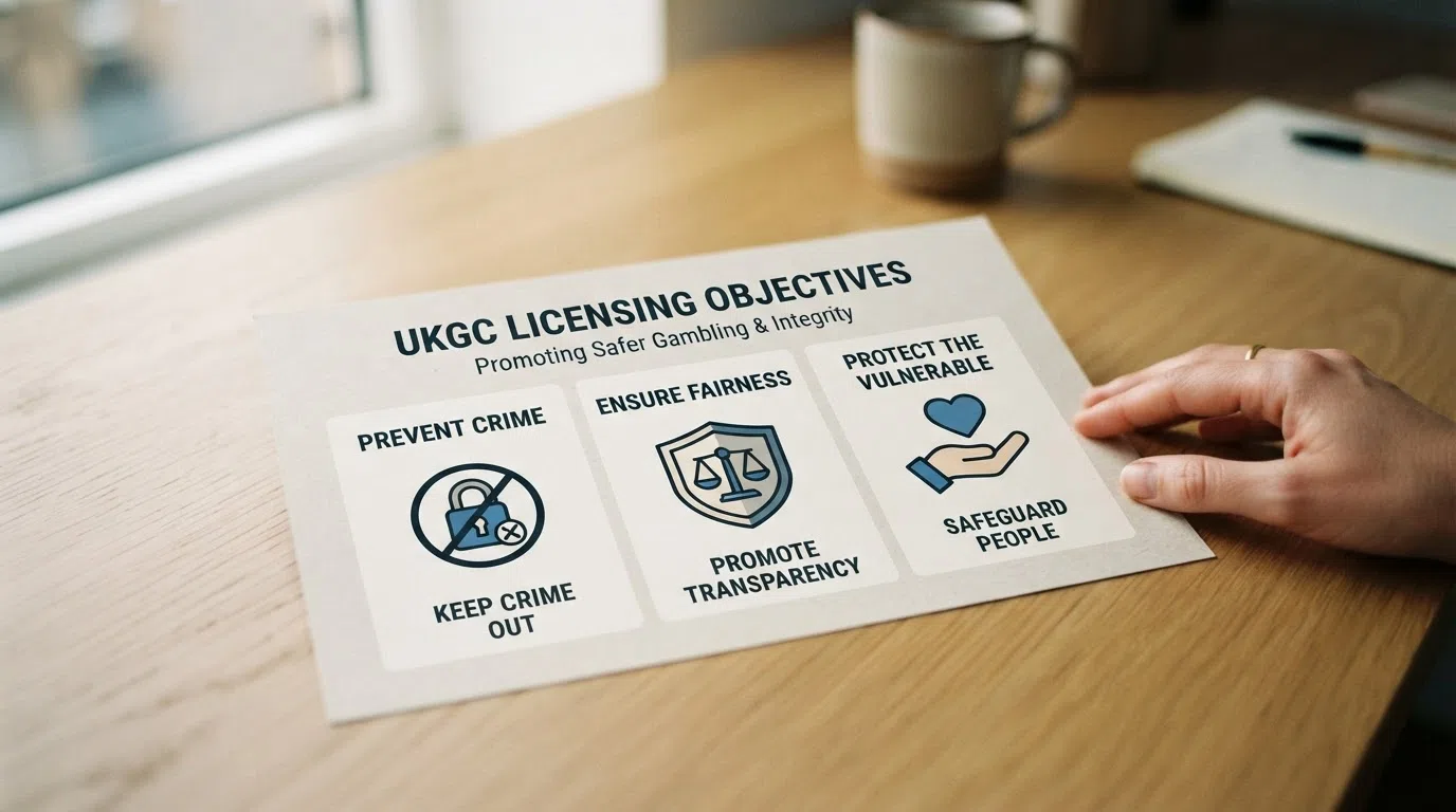 A simplified infographic showing the three UKGC licensing objectives — prevent crime, ensure fairness, protect the vulnerable — with icons representing GAMSTOP, deposit limits and the Public Register