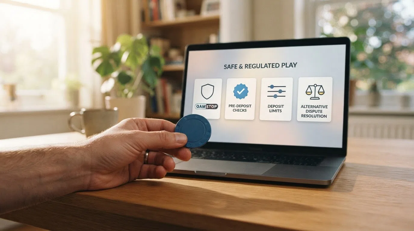A simplified visual of the UKGC licence badge alongside icons representing GAMSTOP, pre-deposit verification, deposit limits and ADR — the four protections an offshore casino cannot offer