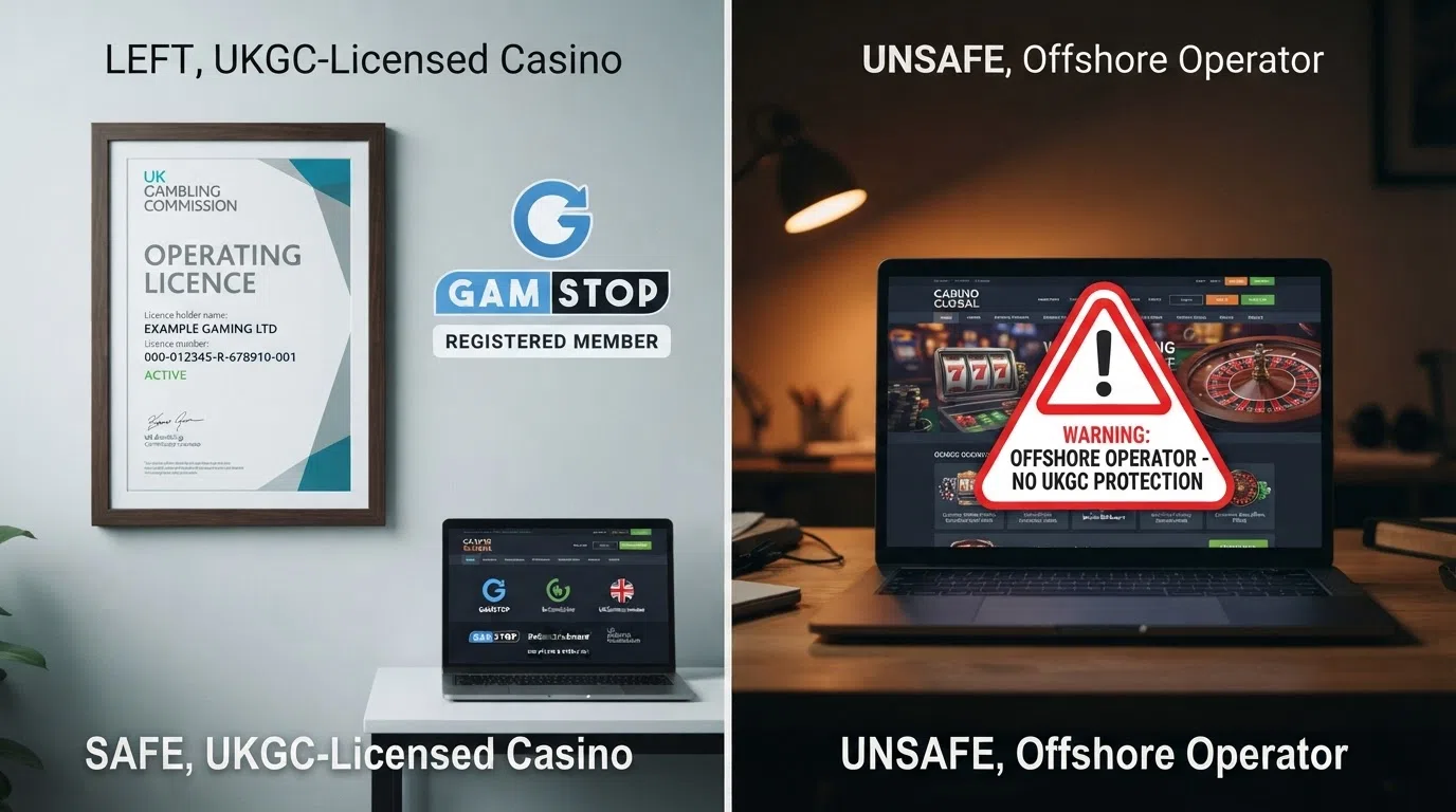 A split comparison: on the left, a Gambling Commission licence certificate and the GamStop logo; on the right, a warning symbol over a generic offshore casino webpage with no protection icons
