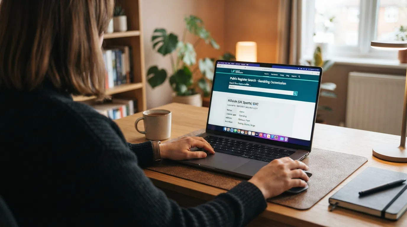 The UK Gambling Commission public register search interface open in a web browser, with a licence record partially visible