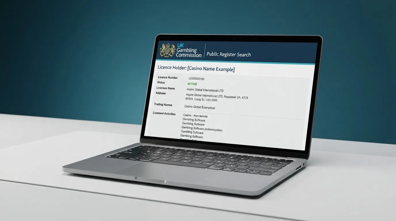A close-up crop of the UK Gambling Commission public register search interface with a licence-holder entry visible, the commission's lion-and-crown crest legible in the header