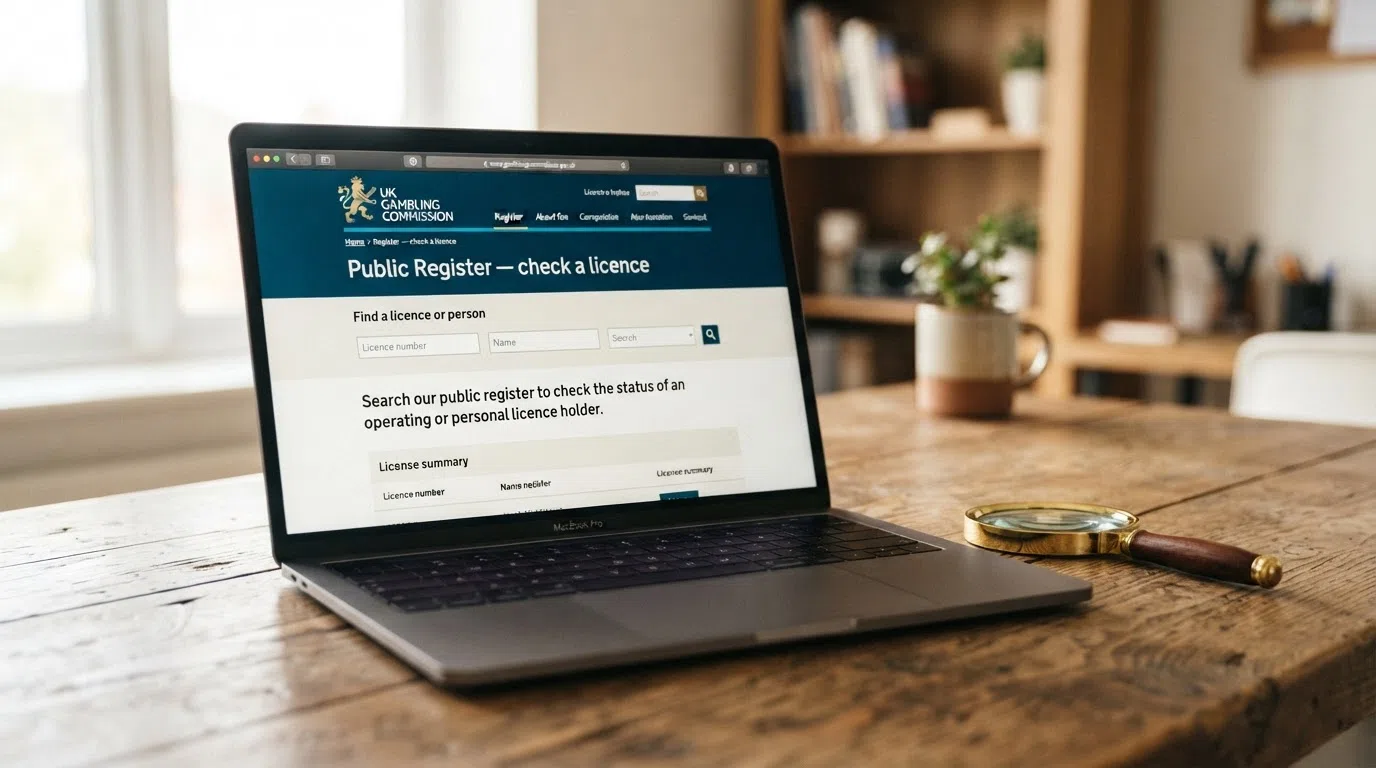 The UK Gambling Commission logo on a screen beside a magnifying glass over the words “Public Register — check a licence.”