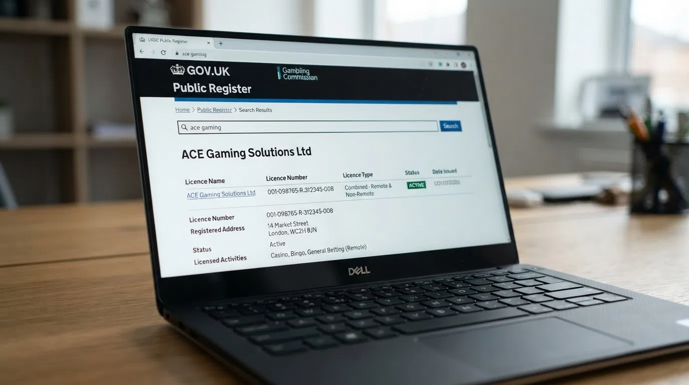 A cropped section of the UK Gambling Commission public register search interface showing an active operator licence entry, with the Commission's logo visible