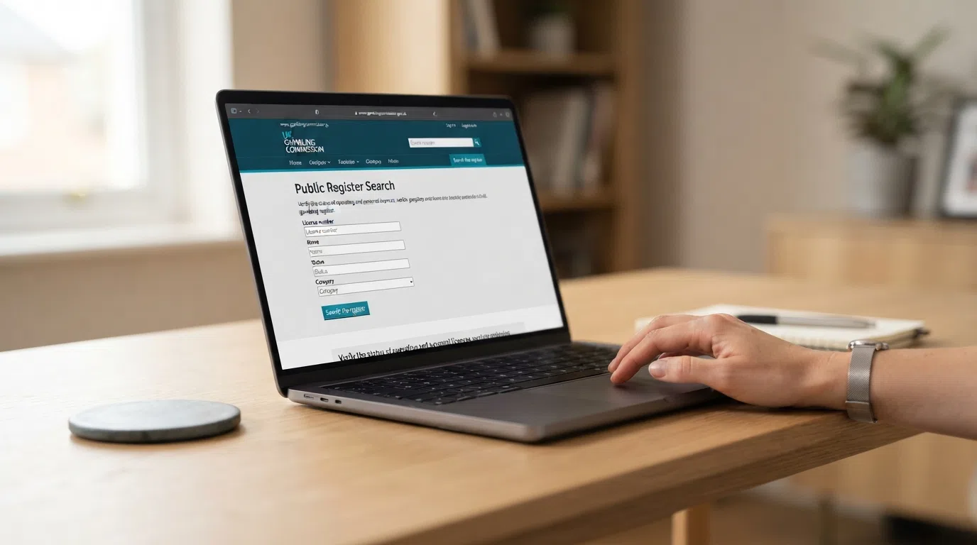 A close-up of the UK Gambling Commission public register search page with a licence entry visible