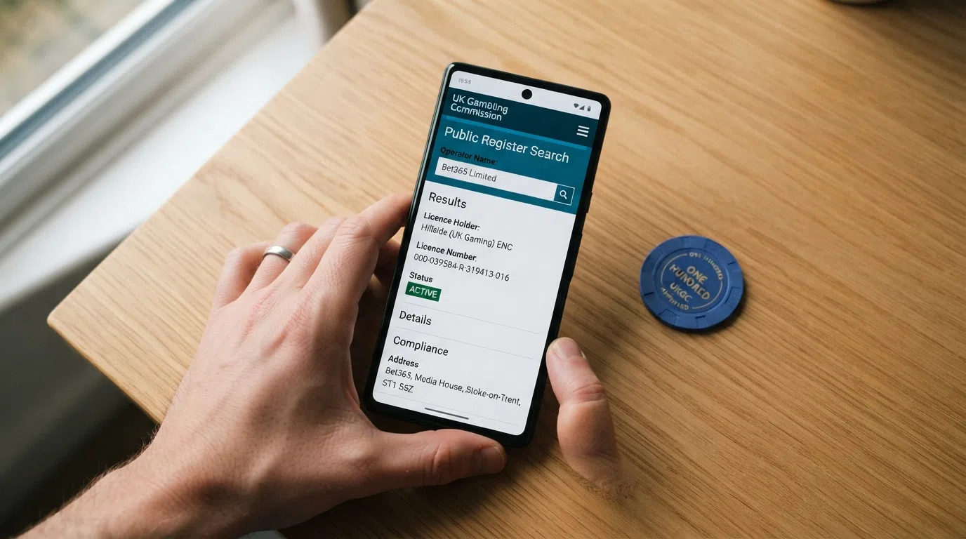 A close-up of a smartphone screen displaying the UKGC public register search interface with an operator name entered and a licence status result visible