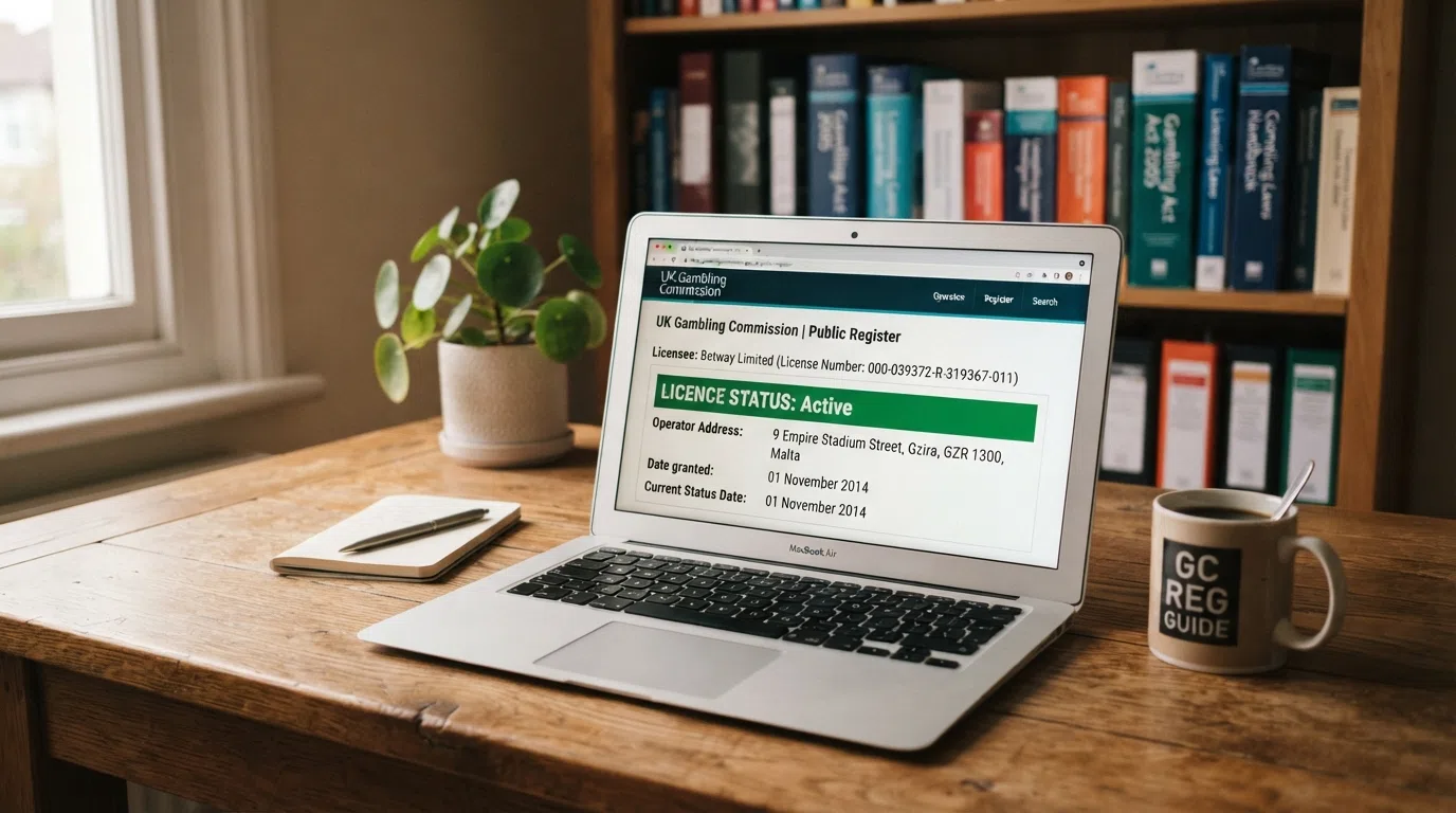 The UK Gambling Commission public register search interface with an operator licence-status result visible
