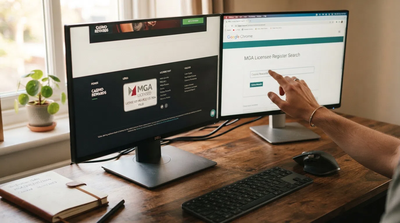 A close-up of a UKGC licence badge on a casino footer beside a browser window open to the Gambling Commission's public register search page