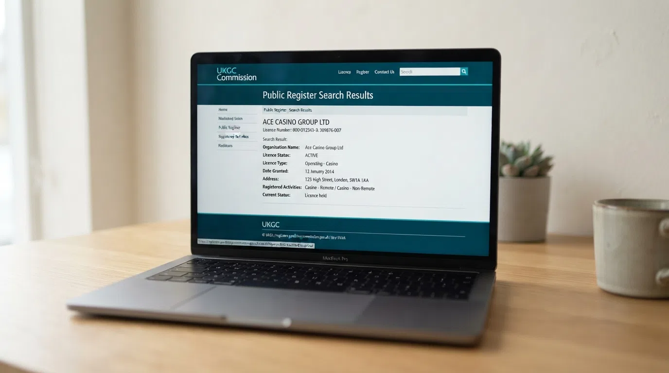 A laptop screen displaying the UK Gambling Commission public register search page with a casino licence result visible