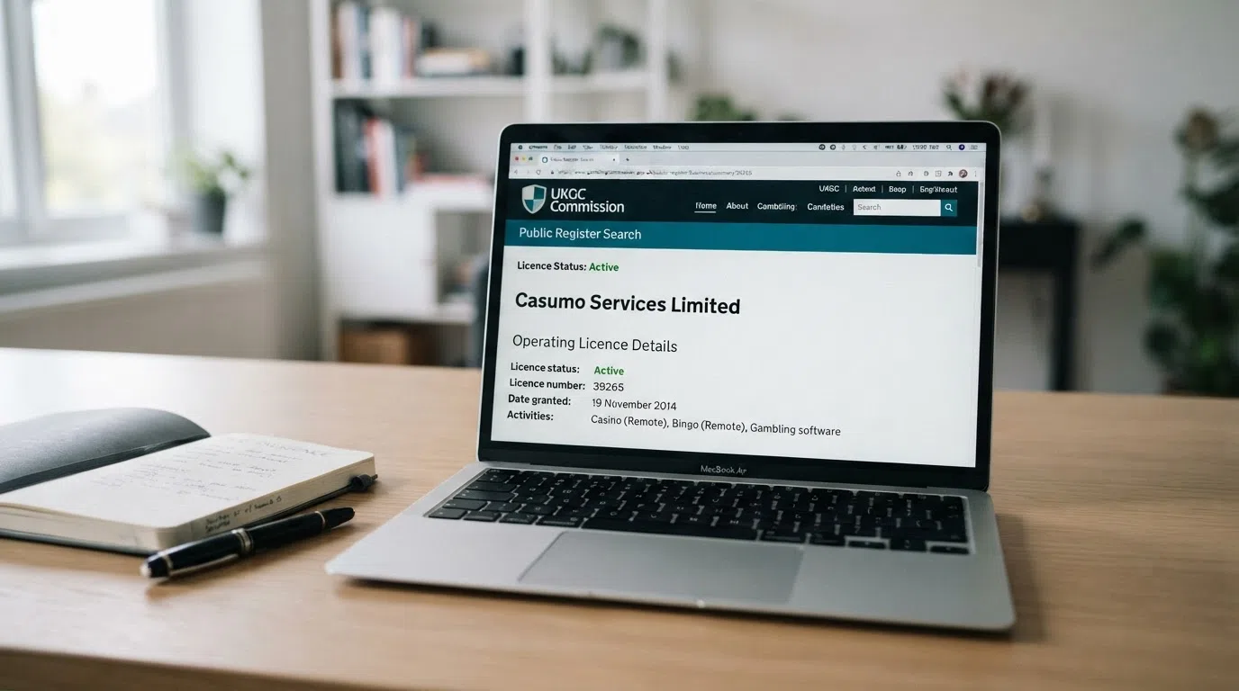 A browser window open to the UK Gambling Commission public register search page with a licence result displayed