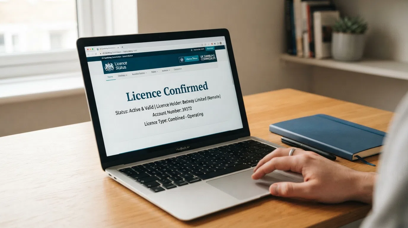 A laptop open to the UK Gambling Commission public register showing a search result with a licence account number and an active status