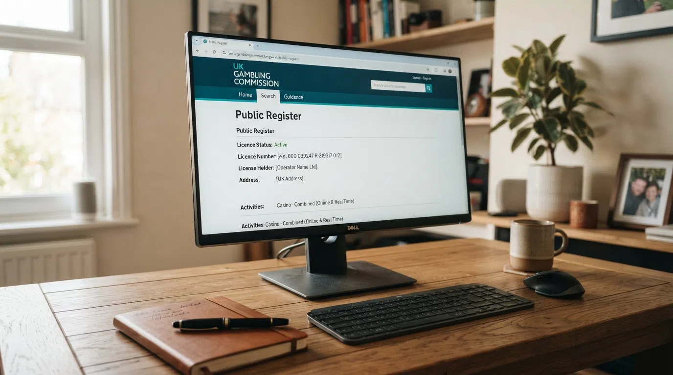 The Gambling Commission public register search interface on a desktop browser, with a casino operator's licence entry visible in the results