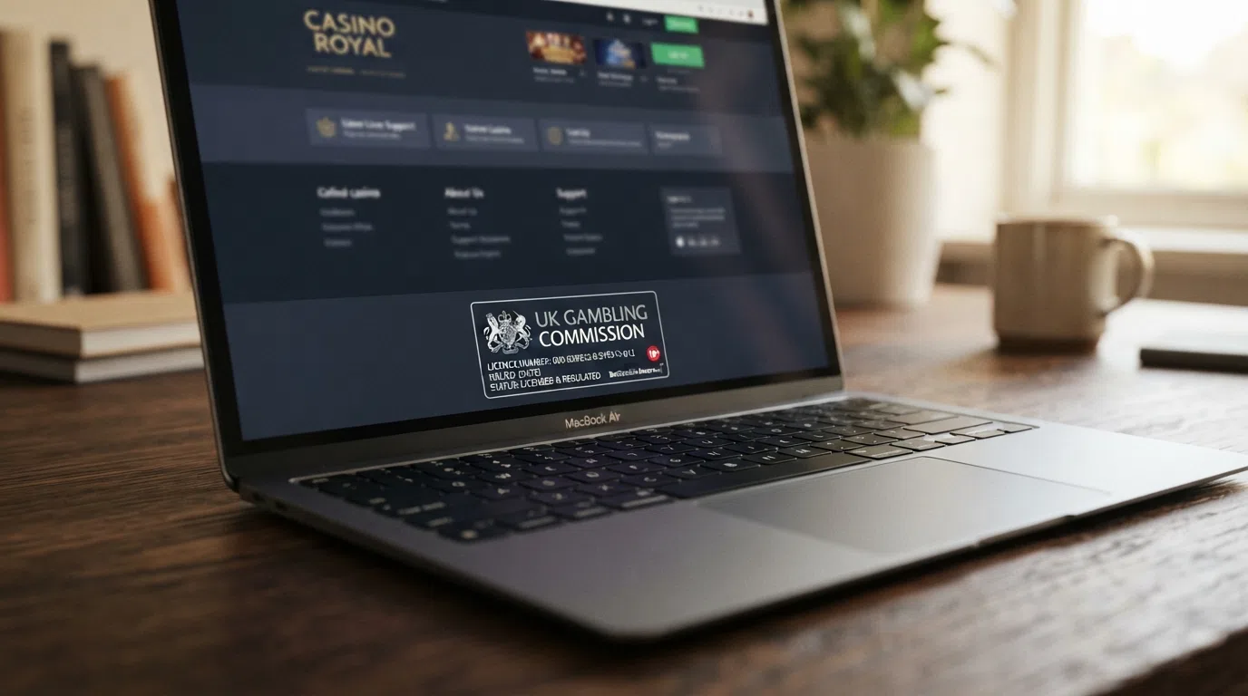 A close-up of a UK Gambling Commission licence badge in a casino website footer, showing the licence number, the operator's registered company name and the Commission's crest