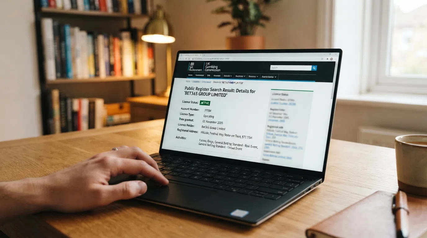 A close-up of a UK Gambling Commission public-register search result confirming an operator's active licence status with the account number and licence type visible