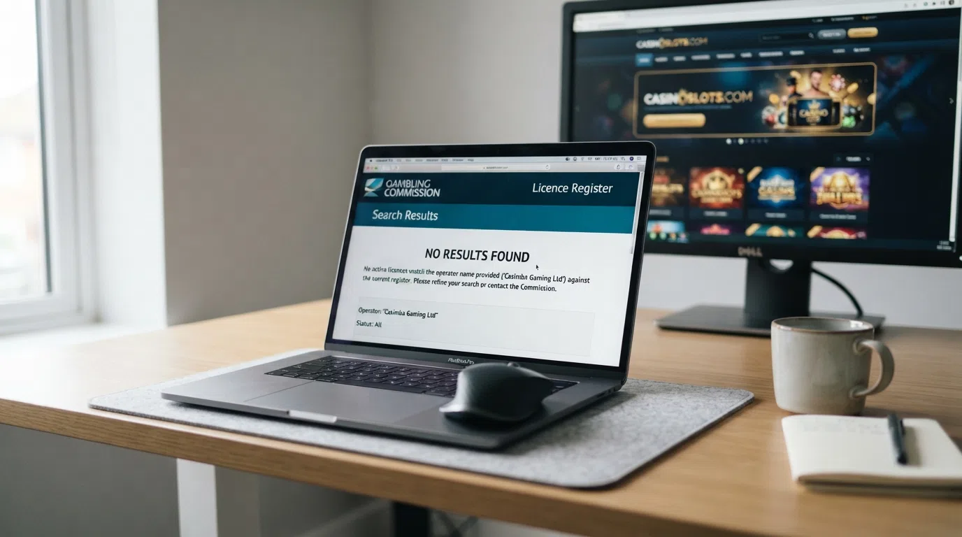A close-up of a laptop screen displaying a regulator licence search interface with a cursor hovering over a “no results found” message, a casino homepage visible in the background