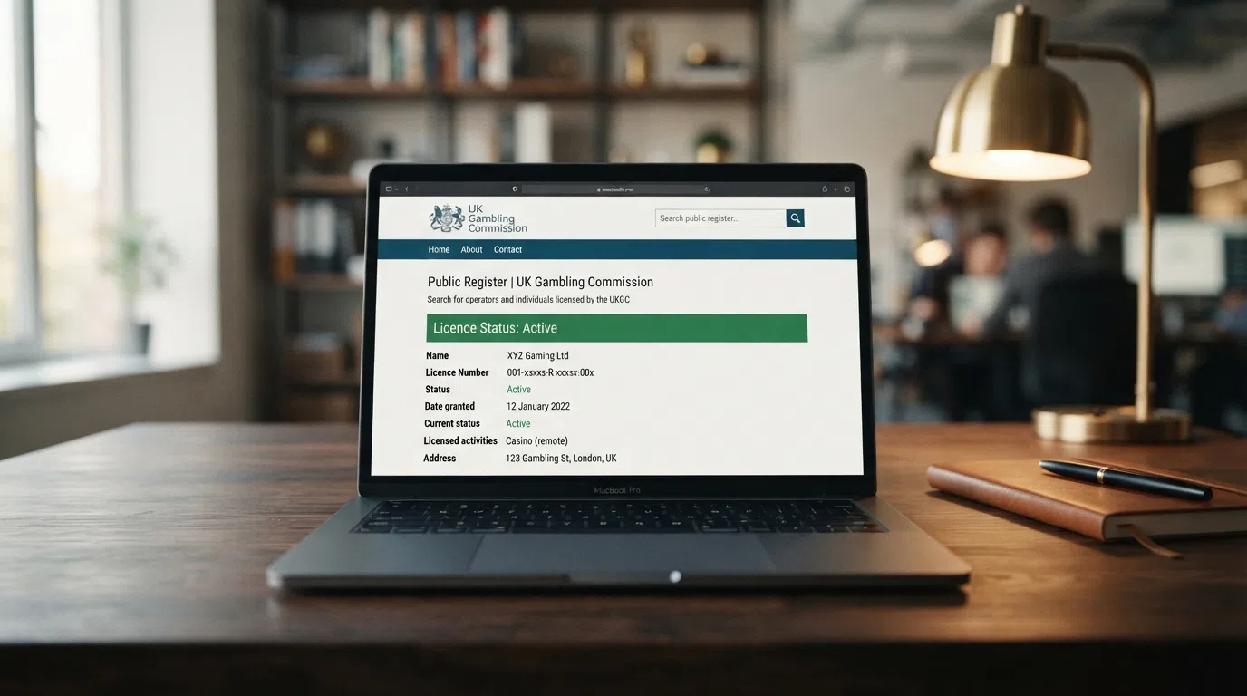 The UK Gambling Commission logo beside a search bar on the Commission's public register, with a licence status result displayed