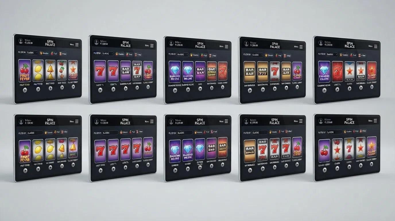 A grid arrangement of UK-licensed casino interfaces each displaying their classic slots lobby