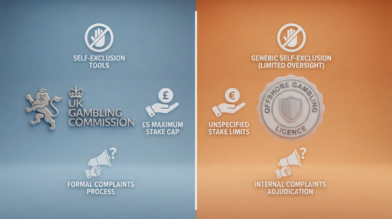 A split illustration: on the left, the UKGC logo and icons for GAMSTOP, stake caps and ADR; on the right, a Curaçao licence seal with question marks replacing those same protections