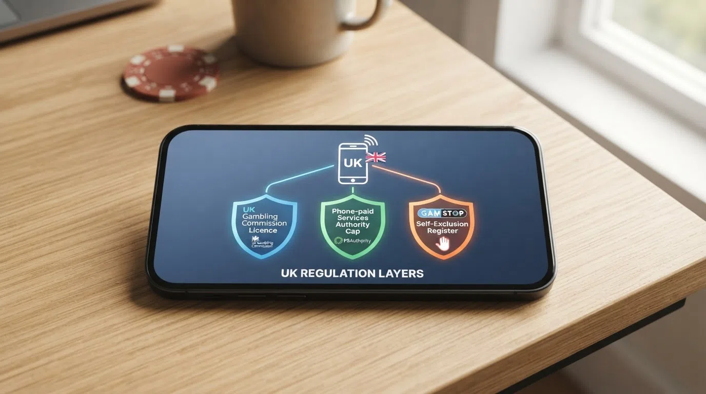 A simplified diagram connecting a mobile phone icon to three protective layers labelled UK Gambling Commission Licence Phone-paid Services Authority Cap and GAMSTOP Self-Exclusion Register