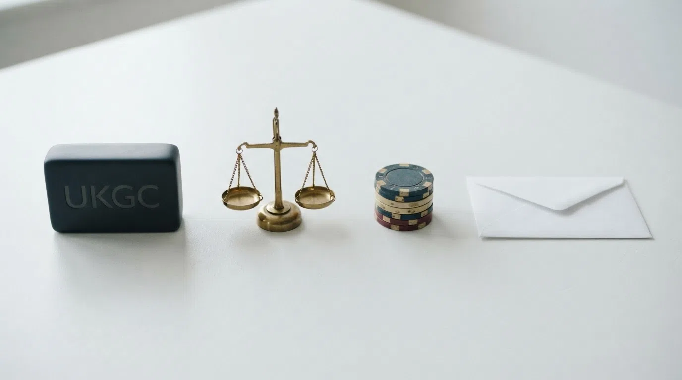 The UK Gambling Commission logo beside labelled icons for GAMSTOP, an ADR scale, segregated funds and a complaints envelope