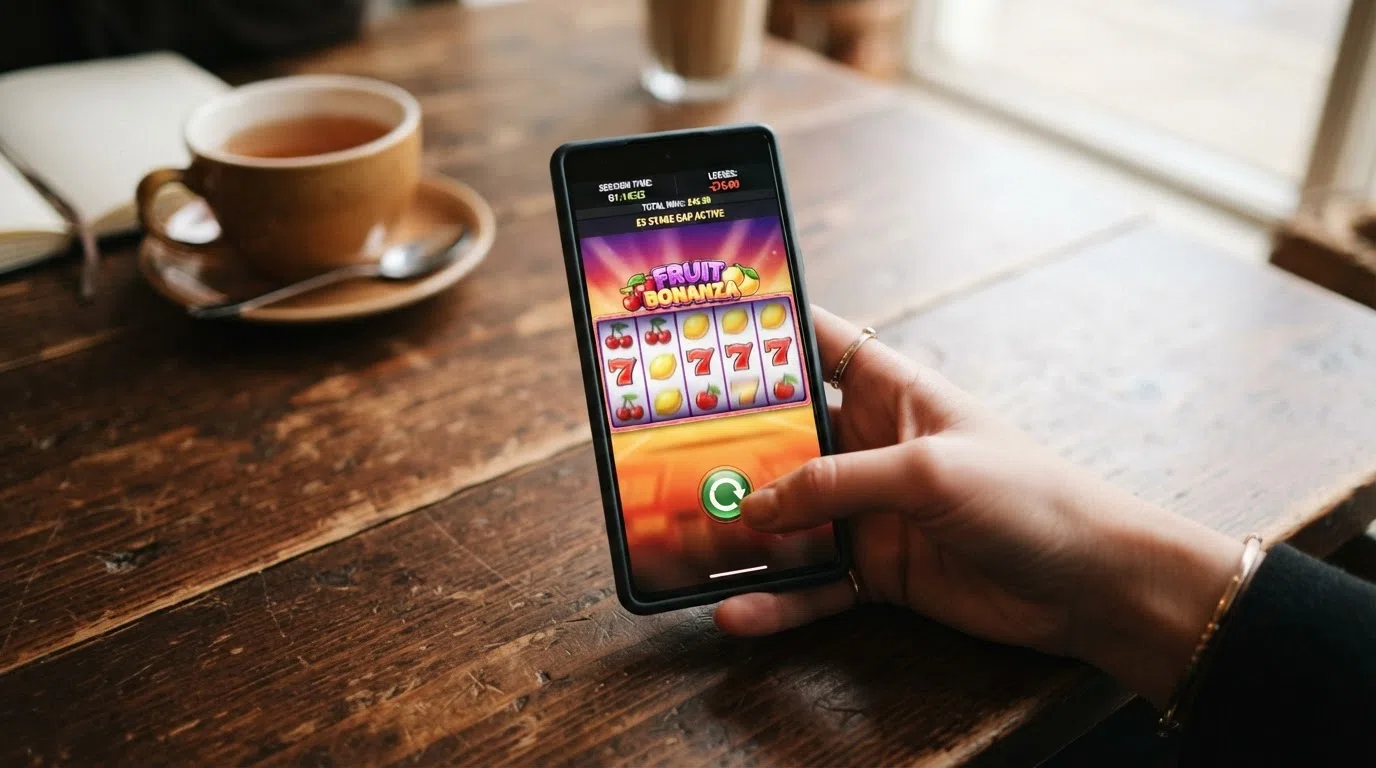 The UK Gambling Commission logo beside a smartphone showing a fruit slot game with a visible session timer, stake display and responsible-gambling toolbar