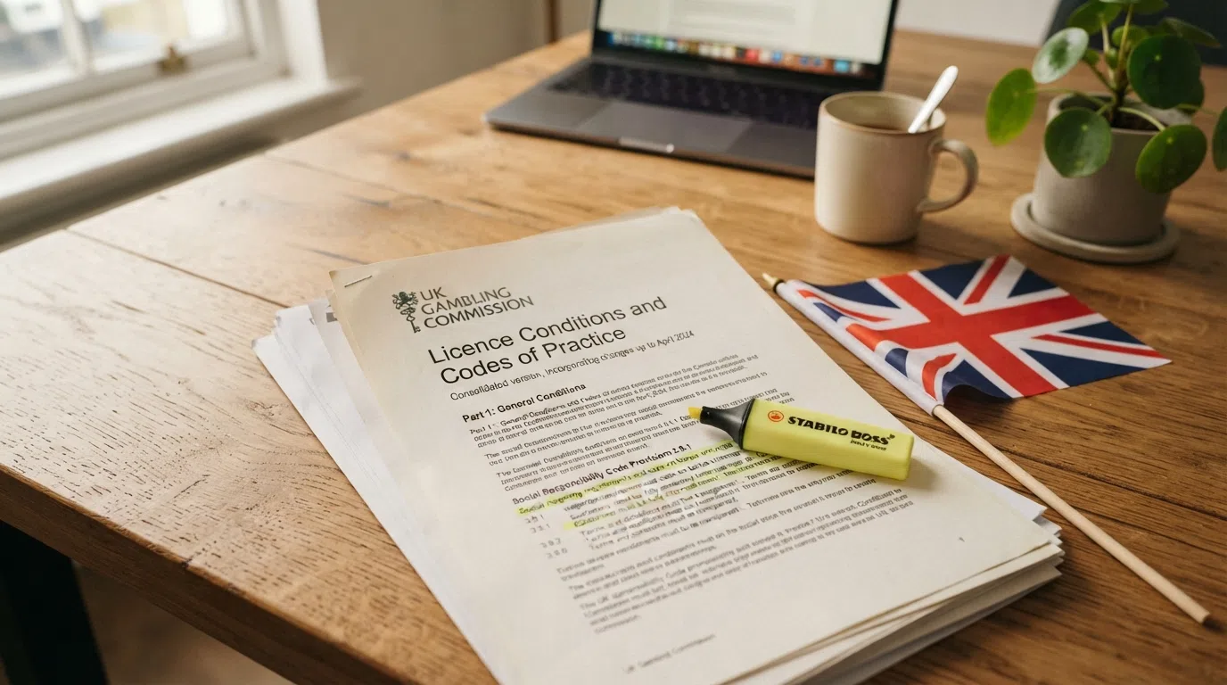 A close-up of a document titled “Licence Conditions and Codes of Practice” beside a Gambling Commission-branded page, with a UK flag visible and text highlighted around wagering and bonus terms
